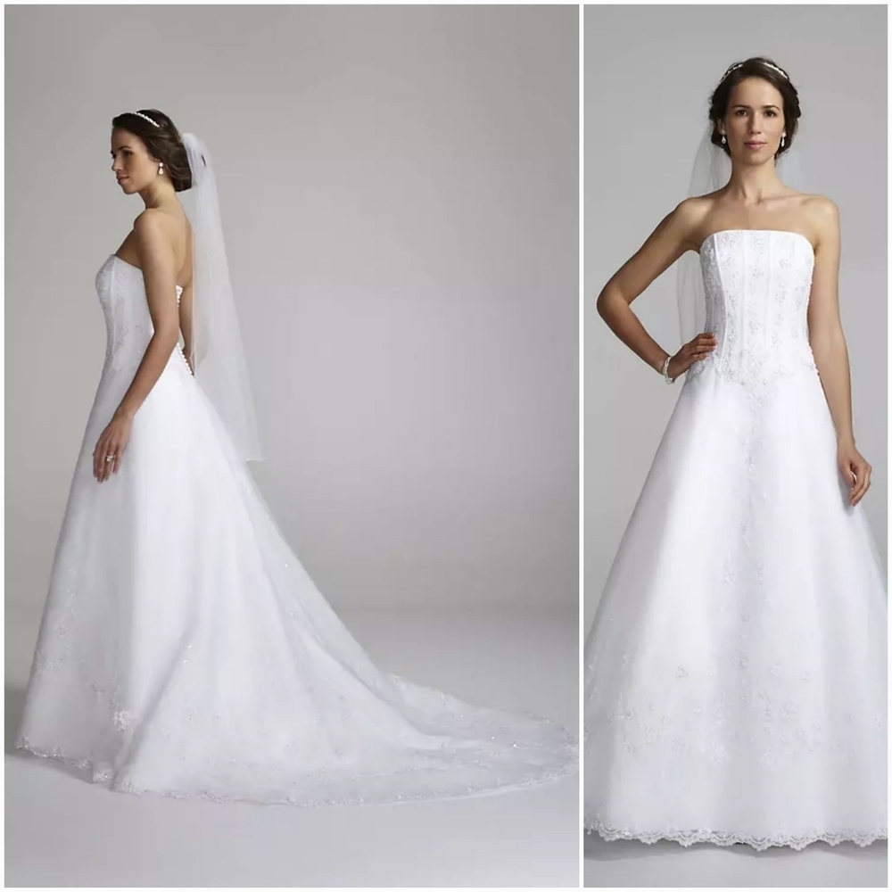 David's Bridal Strapless Organza Corset Gown with Beaded Lace